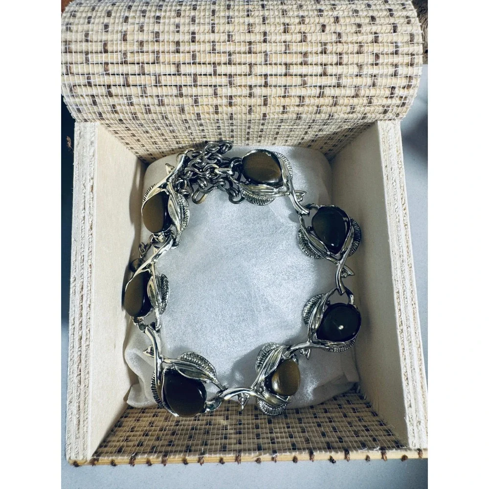 Choker Necklace Silver Smoky Cabochon Leaf Motif Vintage